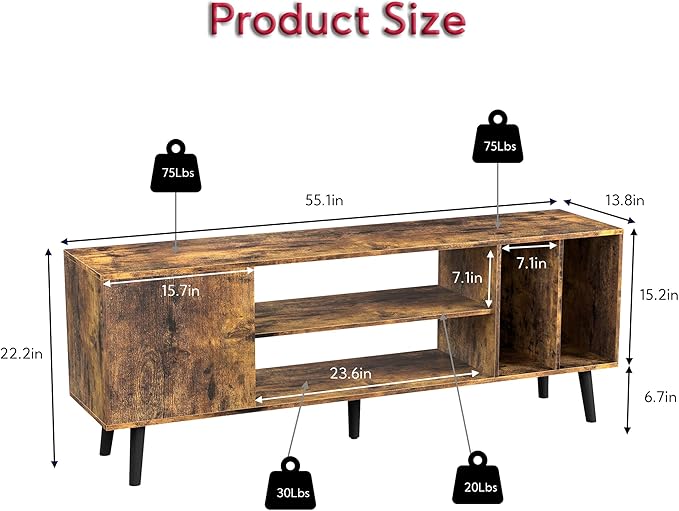 Yusong TV Stand for 55/65 inch TV, Mid Century Modern TV Console Table, Media Entertainment Center with Storage for Living Room Bedroom, Wood TV Cabinet, Rustic Brown - LeafyLoom