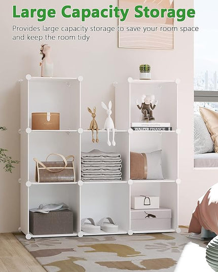 C&AHOME Cube Storage, 9-Cube Bookshelf, Plastic Closet Cabinet Organizer, DIY Stackable Bookcase, Modular Shelving Units Ideal for Home, Office, Kids Room, 36.6" L x 12.4" W x 48.4" H Milky UPCS09M - LeafyLoom