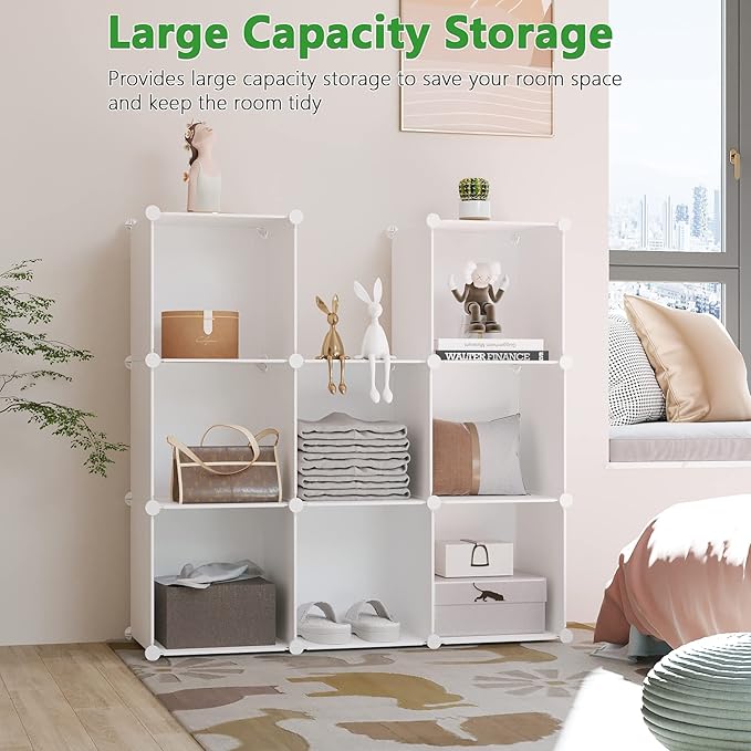 C&AHOME Cube Storage, 9-Cube Bookshelf, Plastic Closet Cabinet Organizer, DIY Stackable Bookcase, Modular Shelving Units Ideal for Home, Office, Kids Room, 36.6" L x 12.4" W x 48.4" H Milky UPCS09M - LeafyLoom