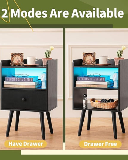 Yoobure Nightstand with Charging Station, Modern Night Stand with LED Lights, Wood Nightstands with Fabric Drawer & Storage Shelf, Night Stands Bedside Table with USB Ports for Bedroom, Office, Home - LeafyLoom