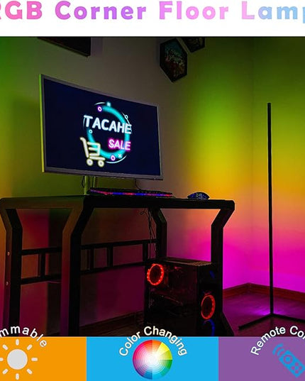 TACAHE Corner Floor Lamp - RGB Color Changing Mood Light, Dimmable LED Modern Floor Lamp with Remote, 56" Metal Standing Lamp for Living Room, Bedroom 20W - Black - LeafyLoom