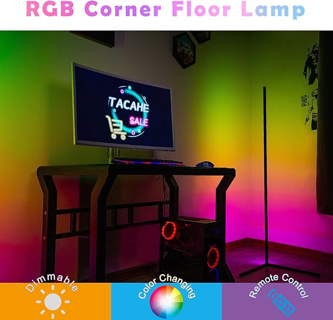 TACAHE Corner Floor Lamp - RGB Color Changing Mood Light, Dimmable LED Modern Floor Lamp with Remote, 56" Metal Standing Lamp for Living Room, Bedroom 20W - Black - LeafyLoom