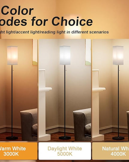 Floor Lamps for Living Room Modern - 3 Color Temperature Black Standing Lamps with Pull Chain Switch, Tall Lamp for Office Home Nursery and Hotel, Pole Lamp with White Lampshade for Reading - LeafyLoom