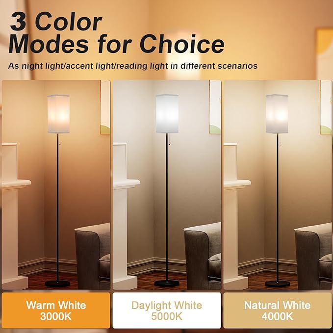 Floor Lamps for Living Room Modern - 3 Color Temperature Black Standing Lamps with Pull Chain Switch, Tall Lamp for Office Home Nursery and Hotel, Pole Lamp with White Lampshade for Reading - LeafyLoom