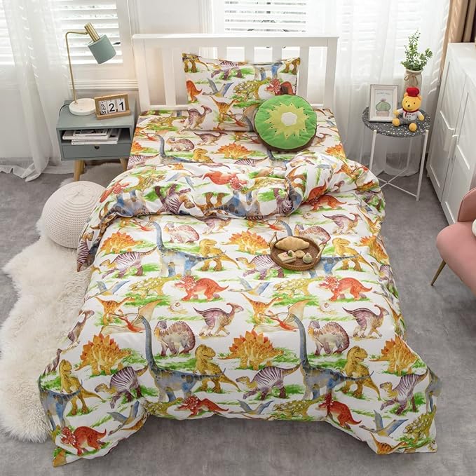 Feelyou Kids Dinosaur Comforter Set King Size Boys Girls Watercolor Cute Dino Bedding Set Ultra Soft Lightweight Jungle Animal Pattern Comforter for Children (1 Comforter + 2 Pillowcases, King) - LeafyLoom