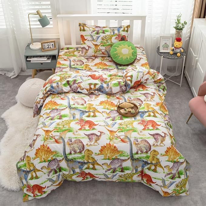 Feelyou Kids Dinosaur Comforter Set Twin Size Boys Girls Watercolor Cute Dino Bedding Set Ultra Soft Lightweight Jungle Animal Pattern Comforter for Children (1 Comforter + 1 Pillowcase, Twin) - LeafyLoom