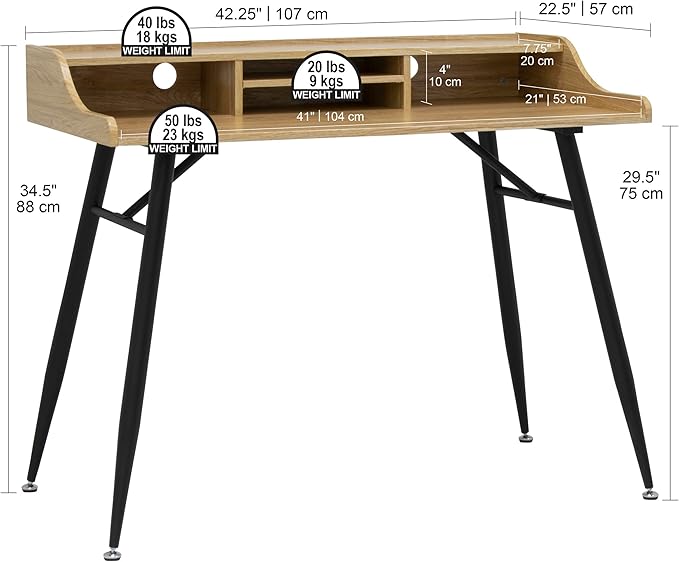 Calico Designs 51260 Woodford 45” Wide Modern, Secretary, Writing, Desk with Low Storage Hutch and Black Metal Tapered Legs in Ashwood, Black / Ashwood - LeafyLoom