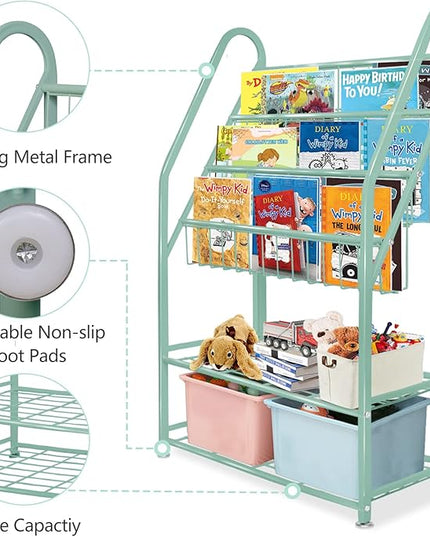 aboxoo Metal Kids Bookshelf Green Bookcase Freestanding for Children Room 24 in Toy Organizer Green Stable Bookcase Bookstore Library Book Unit Storage - LeafyLoom