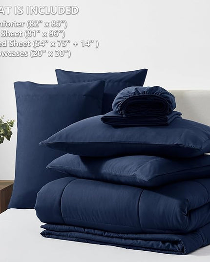 CozyLux Full Size Comforter Sets - 7 Pieces Bed in a Bag Set Navy Blue, Bedding Sets Full with All Season Quilted Comforter, Flat Sheet, Fitted Sheet, Pillowcases, Navy Blue, Full - LeafyLoom