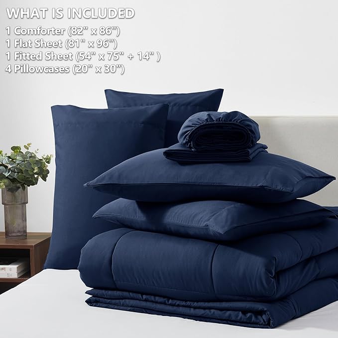 CozyLux Full Size Comforter Sets - 7 Pieces Bed in a Bag Set Navy Blue, Bedding Sets Full with All Season Quilted Comforter, Flat Sheet, Fitted Sheet, Pillowcases, Navy Blue, Full - LeafyLoom