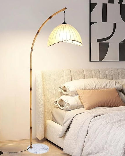 Retro Floor Lamp Unique Bamboo Color Floor lamp Bohemian Hanging Arc Floor Lamp with Antique Rattan Style Vertical Standing tall Lamp for Bed Room Farmhouse Study Living Room Indoor decoration - LeafyLoom