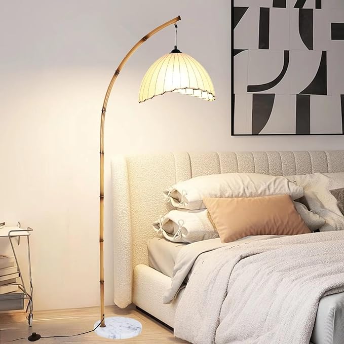 Retro Floor Lamp Unique Bamboo Color Floor lamp Bohemian Hanging Arc Floor Lamp with Antique Rattan Style Vertical Standing tall Lamp for Bed Room Farmhouse Study Living Room Indoor decoration - LeafyLoom