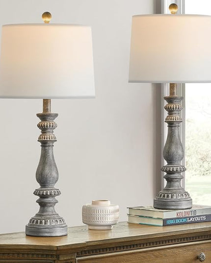BOBOMOMO 27.75" USB Table Lamp Set of 2 Antique Retro Nightstand Lamp for Bedroom Living Room Office Resin Classic Bedside Desk Lamps with White Fabric Shade - LeafyLoom