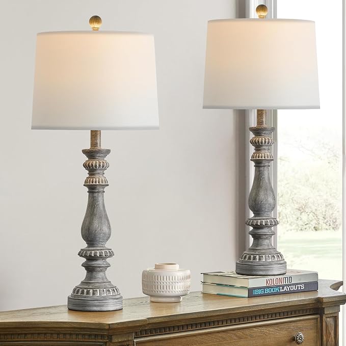 BOBOMOMO 27.75" USB Table Lamp Set of 2 Antique Retro Nightstand Lamp for Bedroom Living Room Office Resin Classic Bedside Desk Lamps with White Fabric Shade - LeafyLoom