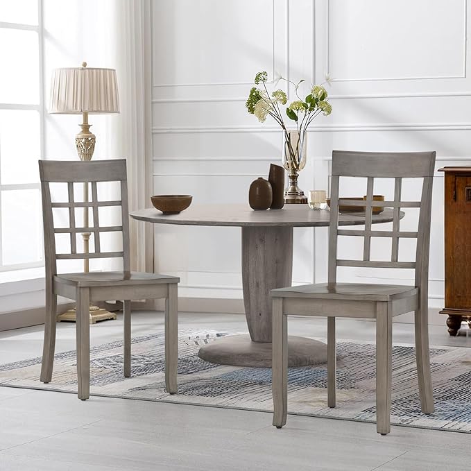 COLAMY Wooden Dining Chairs Set of 2, Nine-Square High Back Kitchen Side Chair, Farmhouse Dining Chairs for Kitchen and Dining Room, Light Grey - LeafyLoom
