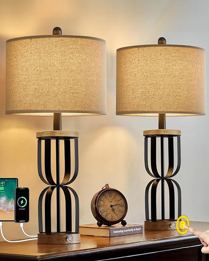 25" Industrial Dual USB Charging Ports 3-Way Dimmable Touch Control Table Lamp Nightstand Lamp Vintage Modern Bedside Lamps for Living Room Bedroom Hotel - LeafyLoom