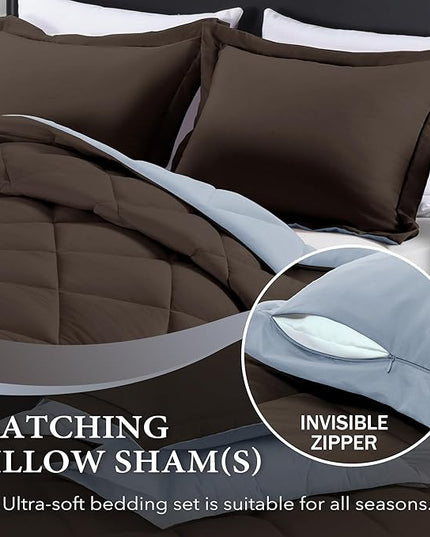 downluxe King Size Comforter Set - Brown and Blue King Comforter, Soft Bedding Sets for All Seasons -3 Pieces - 1 Comforter (104"x92") and 2 Pillow Shams(20"x36") - LeafyLoom