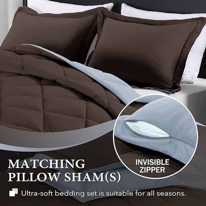 downluxe King Size Comforter Set - Brown and Blue King Comforter, Soft Bedding Sets for All Seasons -3 Pieces - 1 Comforter (104"x92") and 2 Pillow Shams(20"x36") - LeafyLoom