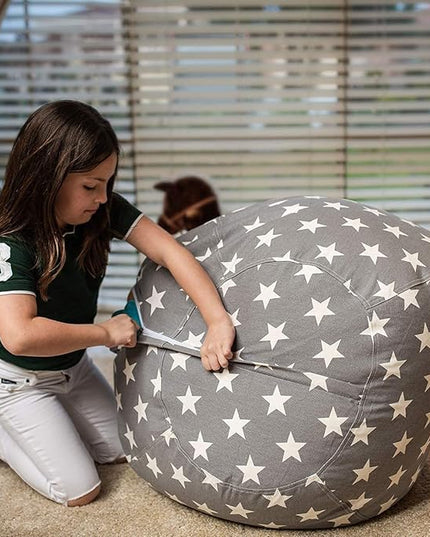 Wekapo Stuffed Animal Storage Bean Bag Chair Cover for Kids | Stuffable Zipper Beanbag for Organizing Children Plush Toys Large Premium Cotton Canvas (Grey Star, XX-Large) - LeafyLoom