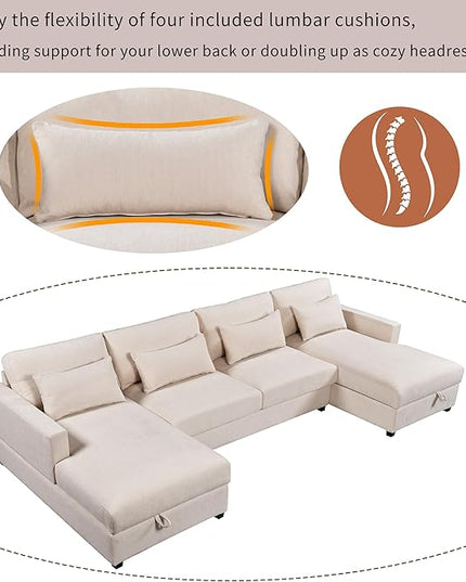 128.3" Modern Large U-Shaped Sectional Sofa with 2 Storage Chaise and 4 Lumbar Pillows, Oversized Reversible Upholstered Couch for Living Room, Apartment, Office, Beige, 128.3 Inch - LeafyLoom