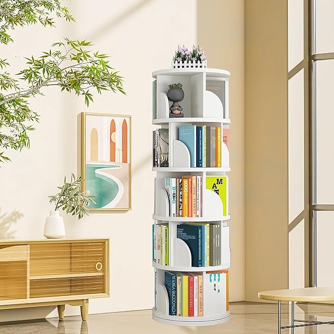 Rotating Bookshelf Tower, 360 Display 5 Tier Floor Standing Bookcase Storage Rack for Kids&Adults, Corner Bookshelf for Small Space, Book Shelf Rotating Bookcase for Bedroom, Living Room, Study - LeafyLoom