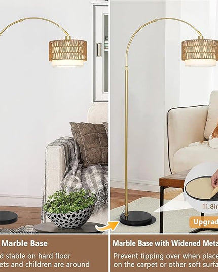 Arc Floor Lamp for bedroom with Rattan & Linen Shades, Gold Floor Lamp with Remote & Dimming Bulb, Rustic Standing Lamp with 3 Color Temperatures, Adjustable Height Farmhouse Tall Lamp for Living Room - LeafyLoom