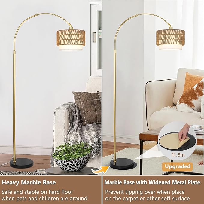 Arc Floor Lamp for bedroom with Rattan & Linen Shades, Gold Floor Lamp with Remote & Dimming Bulb, Rustic Standing Lamp with 3 Color Temperatures, Adjustable Height Farmhouse Tall Lamp for Living Room - LeafyLoom