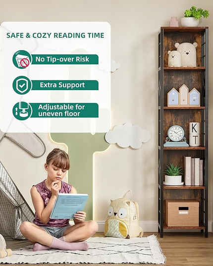 YITAHOME Narrow Bookshelf, 5-Tier Industrial Book Shelf Storage Rack, Display Shelves Stand Etagere for Small Spaces, Open Bookcase for Bedroom Living Room Bathroom Kitchen, Rustic Brown - LeafyLoom