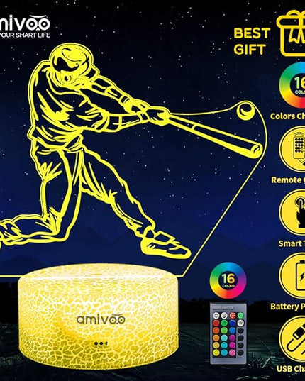 Baseball Night Light for Kids, 16 Colors Changing Baseball Sport Gifts Dimmable Bedside Lamp with Remote Control, Xmas Birthday Gifts for Kids Baseball Fans (Baseball Hitter) - LeafyLoom