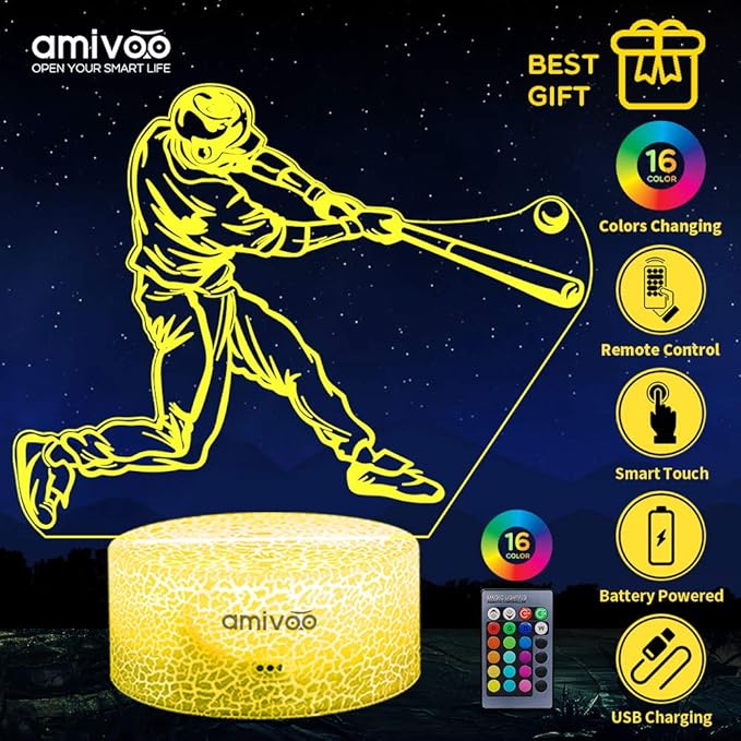 Baseball Night Light for Kids, 16 Colors Changing Baseball Sport Gifts Dimmable Bedside Lamp with Remote Control, Xmas Birthday Gifts for Kids Baseball Fans (Baseball Hitter) - LeafyLoom