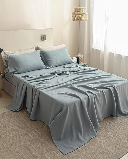 Simple&Opulence 100% Linen Sheet Set Solid Color-4 Pcs Washed French Linen Bed Sheets(1 Flat Sheet,1 Fitted Sheet,2 Pillowcases)-Breathable Bedding Set (Dusty Blue, Queen) - LeafyLoom