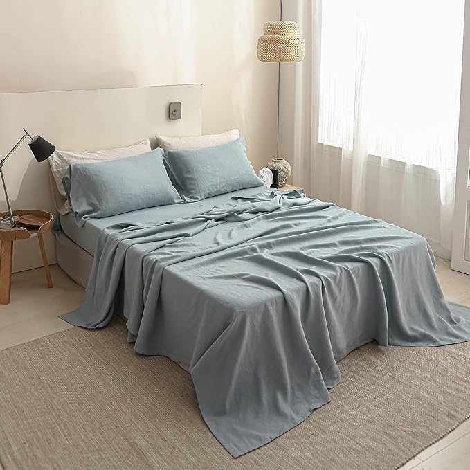 Simple&Opulence 100% Linen Sheet Set Solid Color-4 Pcs Washed French Linen Bed Sheets(1 Flat Sheet,1 Fitted Sheet,2 Pillowcases)-Breathable Bedding Set (Dusty Blue, Queen) - LeafyLoom