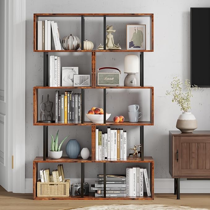 Furologee 6-Tier Bookshelf, Tall S-Shaped Geometric Bookcase, Industrial Freestanding Display Shelf Unit, Wood and Metal Decorative Room Divider for Living Room Bedroom, Home Office, Rustic Brown - LeafyLoom