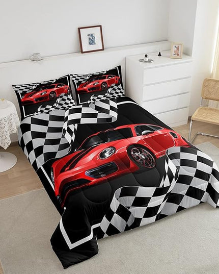 Boys Race Car Comforter Set Full Size,Black White Checkered Geometric Bedding Set 3pcs for Kids Teens Boys Men,Extreme Sport Games Race Flag Quilt Set,Cartoon Fashion Duvet Insert,2 Pillowcases - LeafyLoom