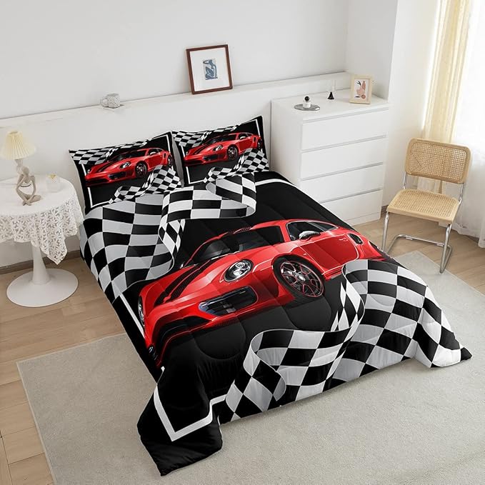 Boys Race Car Comforter Set Full Size,Black White Checkered Geometric Bedding Set 3pcs for Kids Teens Boys Men,Extreme Sport Games Race Flag Quilt Set,Cartoon Fashion Duvet Insert,2 Pillowcases - LeafyLoom