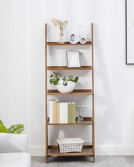 Bookshelf & Ladder Shelf &Storage Rack & Multipurpose Bamboo Organizer Shelves Furniture for Home Office, Living Room, Kitchen, Office 5 Tier （Brown） - LeafyLoom