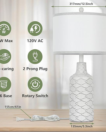Modern Farmhouse Ceramic Nightstand Lamp, 25in Tall, White, with Handcrafted Base and Fabric Shade, E26 Socket, Bulb Excluded - LeafyLoom