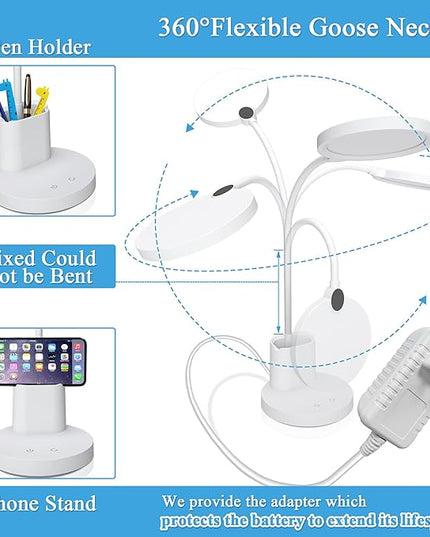 GOLSPARK Battery Operated Desk Lamp LED Rechargeable 4500mAh White LED Desk Lamps Dimmable, Touch Control 360°Flexible Dorm Reading Lamp for Students-3 Color Modes with Pen Holder Phone Stand - LeafyLoom