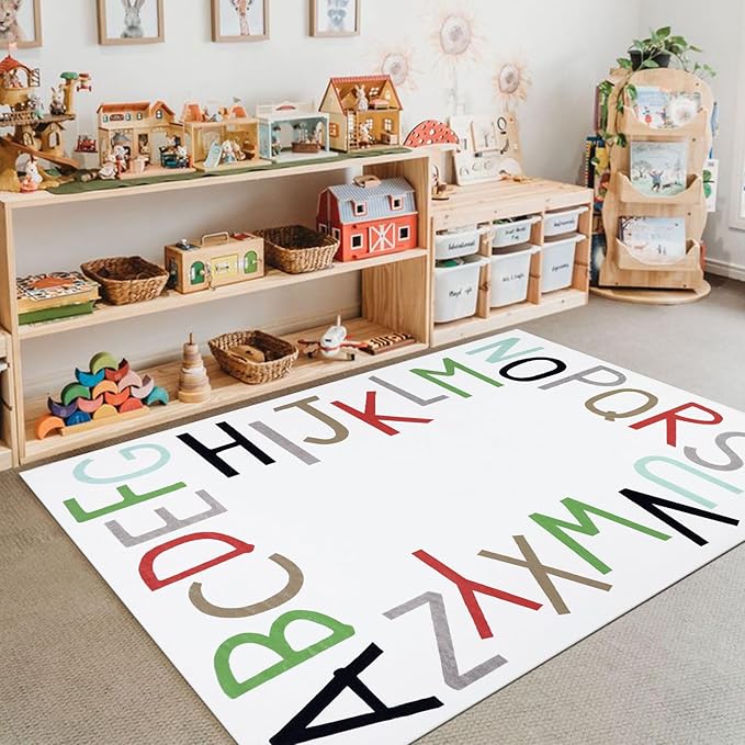Topotdor Rainbow Kids Play Rug Alphabet Nursery Area Rug Extra Large Soft Crawling Play Mat for Children Toddlers Bedroom (47x70 inch,Multi Color) - LeafyLoom