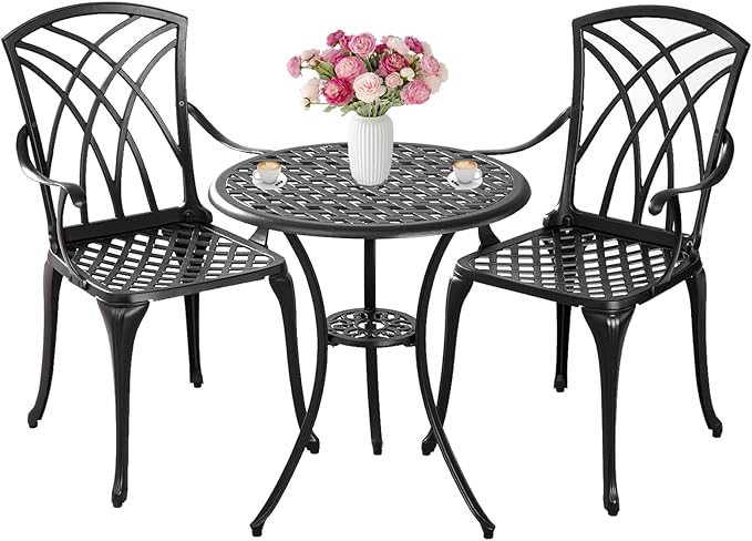 Bistro Set 3 Piece Outdoor,Cast Aluminum Outdoor Bistro Set,All Weather Bistro Table and Chairs Set of 2 with 1.97" Umbrella Hole,Patio Bistro Sets for Garden(Woven Black) - LeafyLoom