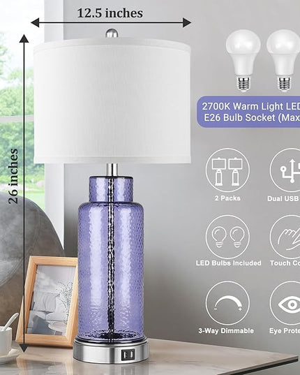 QiMH Table Lamps for Bedrooms Set of 2, Blue Glass Beside Lamps for Living Room with Touch Control USB Ports, 26" Large Modern Coastal Nightstand Lamp White Shade Home Decor(LED Bulbs Included) - LeafyLoom