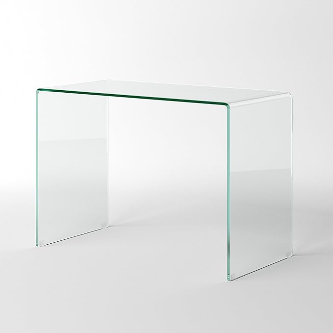 Bent Glass Computer Desk Rectangular Shaped PC Laptop Workstation Table for Home Office, 43.3" L, Clear - LeafyLoom