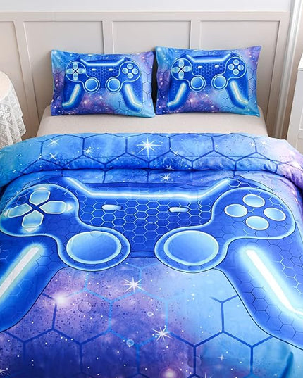 NTBED Game Console Comforter Set for Boys Girls Kids 3D Gaming Geometric Lightweight Microfiber Bedding Sets (Blue Purple, Queen) - LeafyLoom