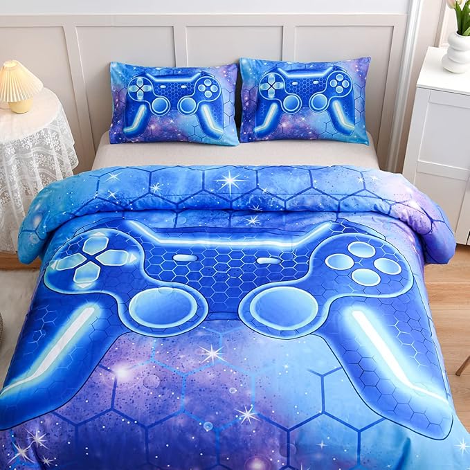 NTBED Game Console Comforter Set for Boys Girls Kids 3D Gaming Geometric Lightweight Microfiber Bedding Sets (Blue Purple, Queen) - LeafyLoom
