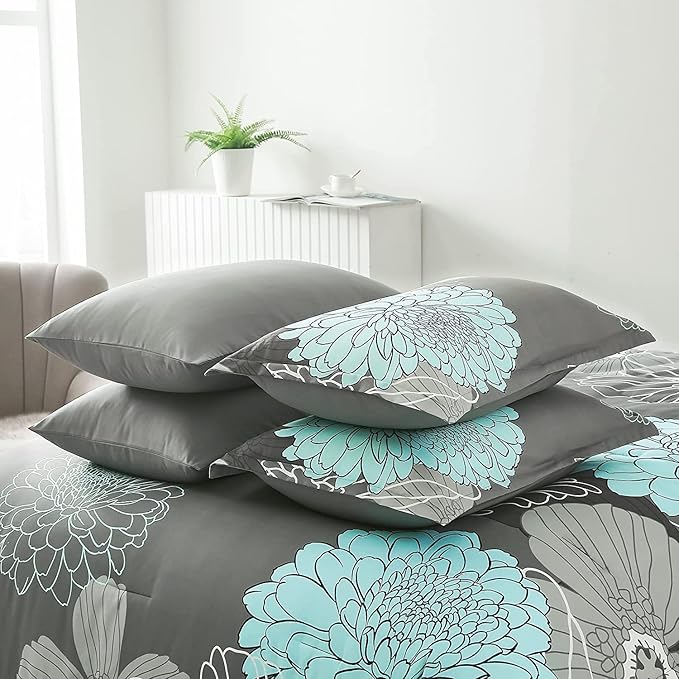 Yiran 7 Pieces Bed in a Bag Floral Comforter Set Green Flowers Bedding Set Soft Microfiber King Comforter Sets with 1 Comforter 1 Flat Sheet 1 Fitted Sheet 2 Pillowshams and 2 Pillowcases - LeafyLoom