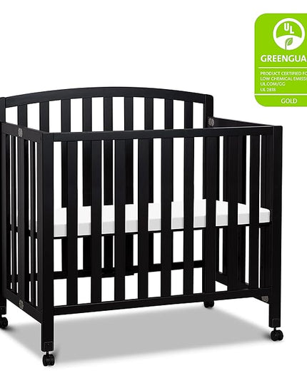 DaVinci Dylan Folding Portable 3-in-1 Convertible Mini Crib and Twin Bed in Ebony, Greenguard Gold Certified - LeafyLoom