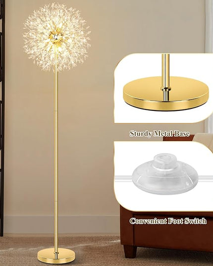 BesLowe 69'' Crystal Floor Lamp for Living Room, Modern Standing Lamp with 738PCS K9 Crystals, Tall Lamp Pole Light for Bedroom Office, Mid Century Gold Floor Lighting with 9 LED Bulbs, Antique Brass - LeafyLoom
