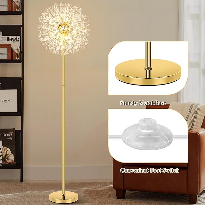 BesLowe 69'' Crystal Floor Lamp for Living Room, Modern Standing Lamp with 738PCS K9 Crystals, Tall Lamp Pole Light for Bedroom Office, Mid Century Gold Floor Lighting with 9 LED Bulbs, Antique Brass - LeafyLoom