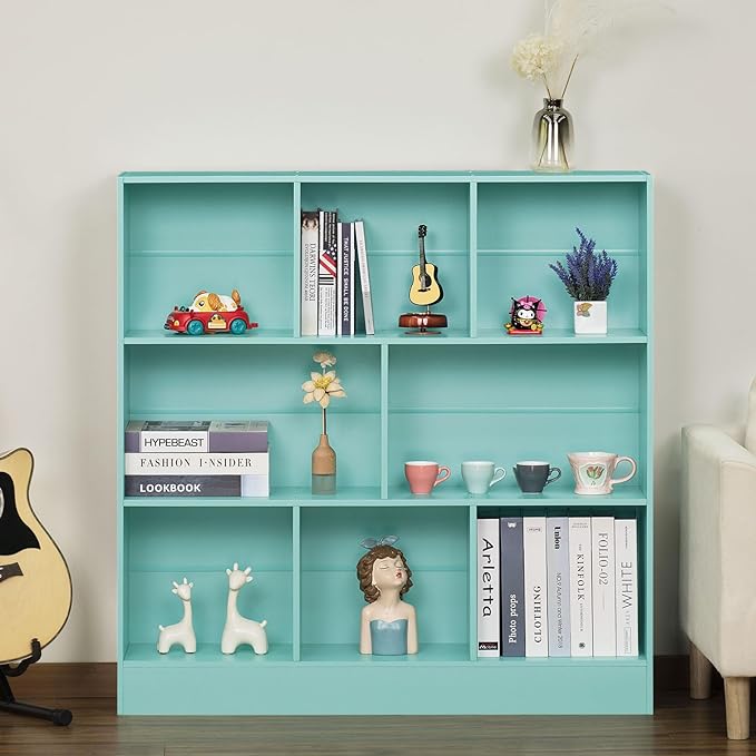 LEYAOYAO 8 Cube Bookshelf with Base,3 Tier Modern Mint-Green Kids Bookcase,Standing Wide Bookshelves Storage Organizer Toy Shelf,Wood Display Children's Book Shelves for Bedroom,Living Room,Nursery - LeafyLoom