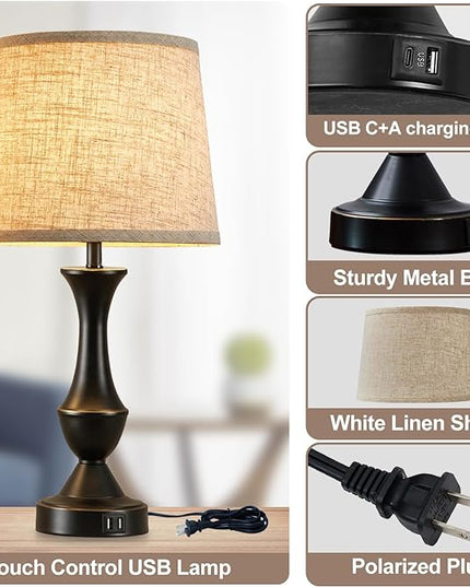 Luvkczc Table Lamps for Bedrooms Set of 2, Bedside Lamps with USB C+A Ports, Lamps for Nightstand, Touch Table Lamps, 3 Way Dimmable Nightstand Lamps for Bedroom, Living Room (Bulb Included) - LeafyLoom